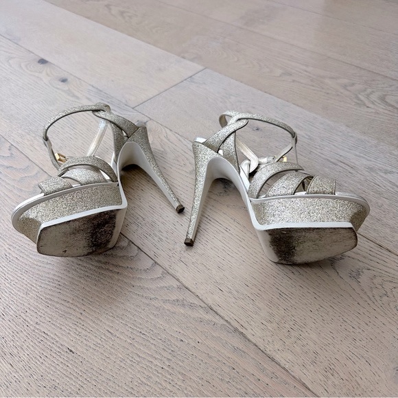 Saint Laurent Tribute Platform Stiletto Sandals: Metallic Gold Glitter Leather - Picture 7 of 16